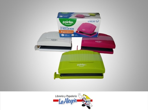 [7453078528038] PERFORADORA ERGONOMICA PU1601; 2 HUECOS 12 HOJAS 3 COLORES MARCA POINTER