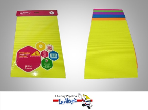 [7453086107324] CARTULINA CORRUGADA A4 21.9X29.7CM NEON PAQUETE 6 COLORES MARCA BAMBARY