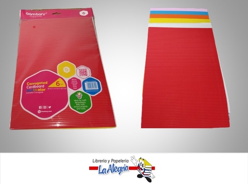 [7453086107294] CARTULINA CORRUGADA A4 21.9X29.7CM PAQUETE 6 COLORES MARCA BAMBARY