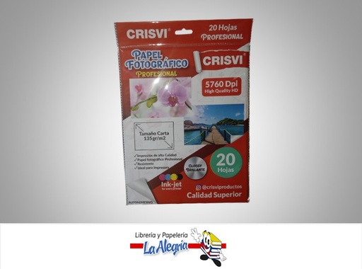[7598874007827] PAPEL FOTOGRAFICO ADHESIVO 135GR 20HOJAS CARTA MARCA CRISVI