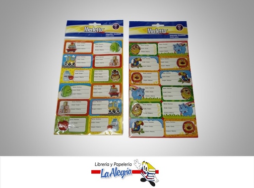 [7450008117041] ETIQUETAS ESCOLARES ADHESIVAS RELIEVES DE ANIMALES DE LA SELVA Y LA ESCUELA PAQUETE DE 12 UND MARCA MERLETTO