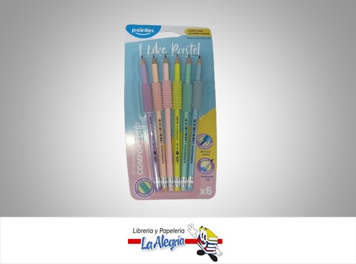 [7453078506074] LAPIZ GRAFITO HB N°2 CON AGARRE HB4437BPA COLORES PASTEL PAQ 6 UND MARCA POINTER