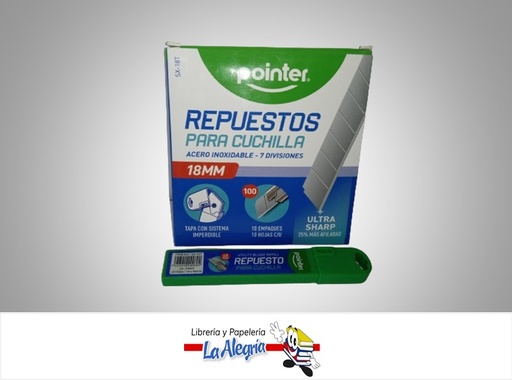 [7453010009694] REPUESTO CUCHILLA, EXACTO ACERO INOXIDABLE 18MM PAQ 10 UND MARCA MARCA POINTER SX-18T