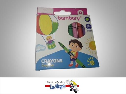 [7453086116531] CREYON DE CERA REDONDO 2052015200; 12 COLORES MARCA BAMBARY