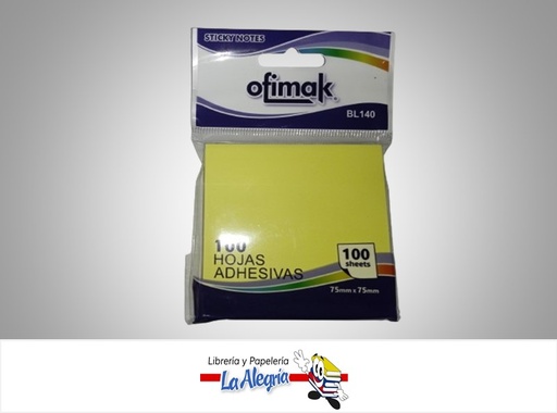 [6937544331403] NOTAS AUTOADHESIVA BL140; 75X75MM 100 HOJAS AMARILLO NEON MARCA OFIMAK