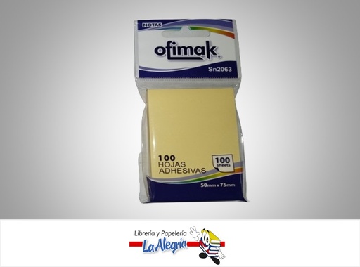 [693754433602675] NOTAS AUTOADHESIVA SN2063; 50X75MM 100 HOJAS AMARILLO MARCA OFIMAK