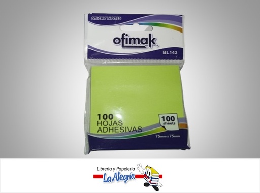 [6937544331434] NOTAS AUTOADHESIVA BL143; 75X75MM 100 HOJAS VERDE NEON MARCA OFIMAK