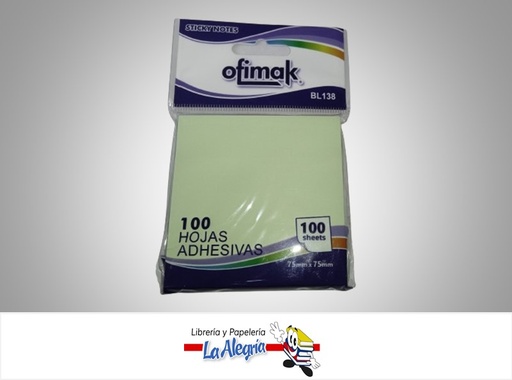 [6937544331380] NOTAS AUTOADHESIVA BL138; 75X75MM 100 HOJAS VERDE PASTEL MARCA OFIMAK
