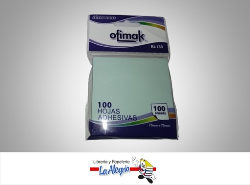 [6937544331397] NOTAS AUTOADHESIVA BL139; 75X75MM 100 HOJAS AZUL PASTEL MARCA OFIMAK