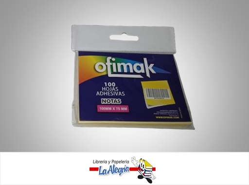 [69375443360100] NOTAS AUTOADHESIVA OK10B 100X75MM 100 HOJAS AMARILLA UND MARCA OFIMAK