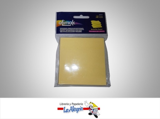 [600291524218] NOTAS AUTOADHESIVA OK262; 75X75MM 100 HOJAS AMARILLO PASTEL ABANICO MARCA OFIMAK