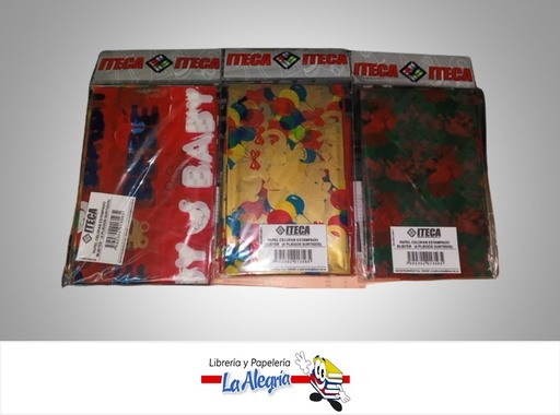 [7592302013565] PAPEL CELOFAN ESTAMPADO COLORES SURTIDOS PAQ 4 PLIEGOS MARCA ITECA