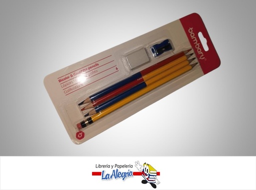 [7453086111734] LAPIZ BI COLOR Y DE GRAFITO HEXAGONAL 205-1005/104; CON SACAPUNTA Y BORRADOR PAQ 4 UND MARCA BAMBARY