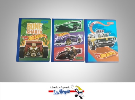 [7707849576095] LIBRETA COSIDA HOT WHEELS 100 HOJAS CUADROS CON STICKERS MARCA PRIMAVERA