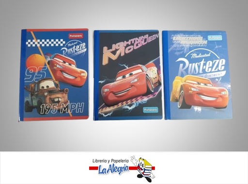 [7707849576132] LIBRETA COSIDA CARS 100 HOJAS 1 LINEA CON STICKERS MARCA PRIMAVERA