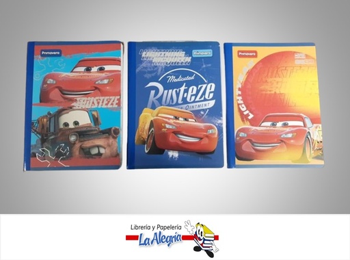 [7707849576149] LIBRETA COSIDA CARS 100 HOJAS DOBLE LINEA CON STICKERS MARCA PRIMAVERA