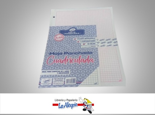 [7595747235042] HOJA PONCHADA 1 LINEA 80 HOJAS CUADRICULADO ROSADO MARCA LEADER PRINT