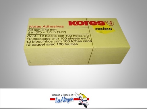 [7590033006214] NOTAS AUTOADHESIVA 50MMX40MM PAQ. 100 HOJAS AMARILLO MARCA KORES