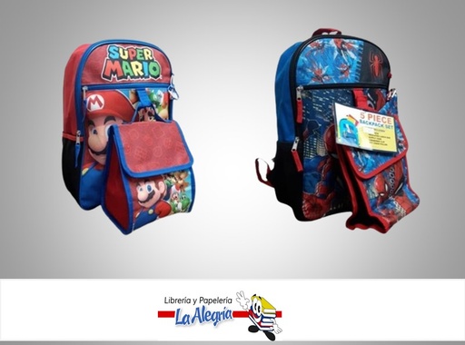 [MR007] MORRAL DE SUPER MARIO/SPIDERMAN CON LONCHERA, CARTUCHERA Y LLAVERO PARA NIÑO MARCA NIKO IMPORT
