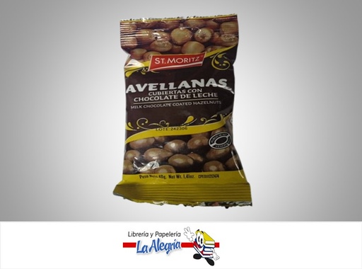 [7591720030314] AVELLANAS GRAGREADOS 40 GR CHOCOLATE MARCA ST.MORITZ