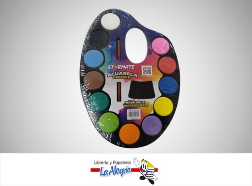 [7453116016459] ACUARELA LAVABLE CON PINCEL PAQ.12 COLORES STR-2348 MARCA STARMATE