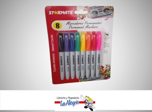 [7453080113406] MARCADOR PERMANENTE COLORES INTENSOS 4.0 MM PUNTA FINA PAQ. 8 COLORES STR-2387 MARCA STARMATE