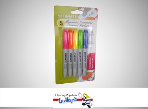 [7453080113437] MARCADOR PERMANENTE COLORES NEON 4.0MM PAQ. 5 COLORES STR-2390 MARCA STARMATE