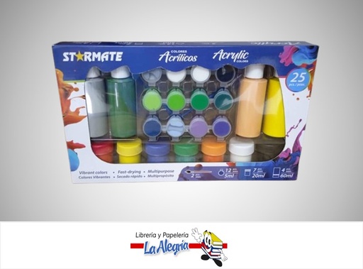 [7453126217662] PINTURA ACRILICA 25 COLORES 2 PINCELES STR-2414 MARCA STARMATE