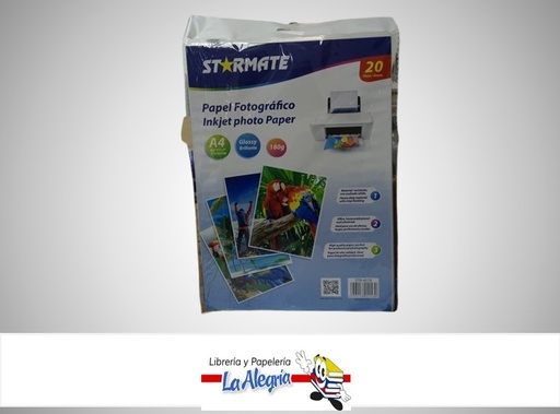 [7453116011539] PAPEL FOTOGRAFICO BRILLANTE A4 180 GR 20H CARTA MARCA STARMATE
