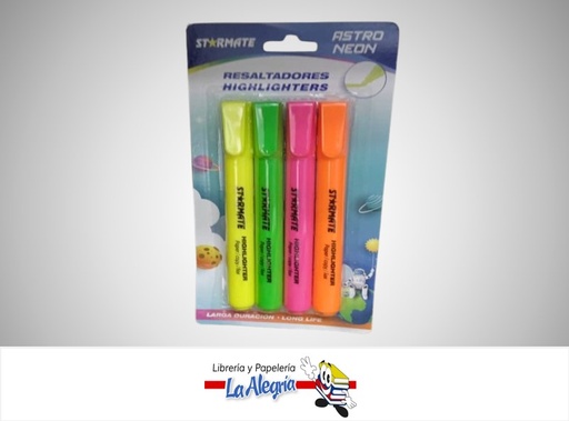 [7453108004570] RESALTADOR NEON PAQ. 4 COLORES STR-6051 MARCA STARMATE