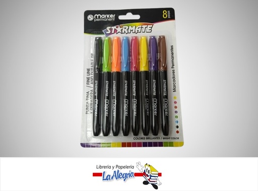 [7453068220201] MARCADOR PUNTA FINA PERMANENTE PAQ. 8 COLORES STR-2103 MARCA STARMATE