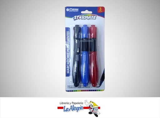[7453068246164] MARCADOR PERMANENTE PUNTA FINA PAQ. 3 COLORES STR-2165 MARCA STARMATE