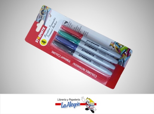 [7453080113390] MARCADOR PERMANENTE COLORES INTENSOS 4.0 MM PUNTA FINA PAQ. 4 COLORES STR-2386 MARCA STARMATE