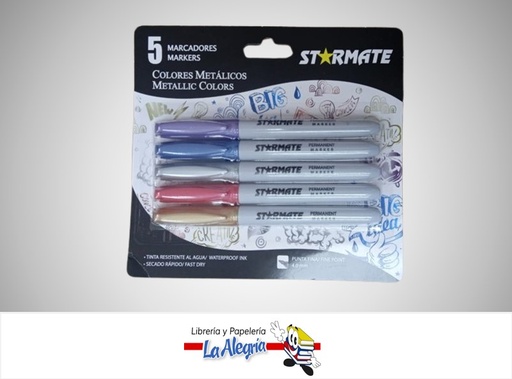 [7453080113420] MARCADOR PERMANENTE COLORES METALICOS 4.0 MM PUNTA FINA PAQ. 5 COLORES STR-2389 MARCA STARMATE