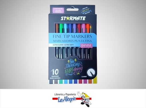[7453126217822] MARCADOR PUNTA FINA PAQ.10 COLORES ULTRA SUAVE 0.4MM STR-2430 MARCA STARMATE