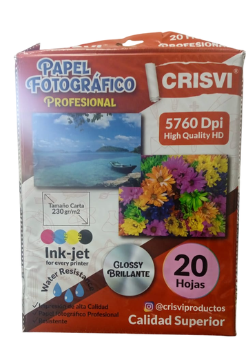 [7598874009685] PAPEL FOTOGRAFICO 230GR 20 HOJAS CARTA MARCA CRISVI